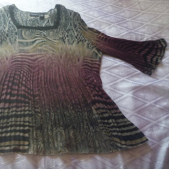 Maggie Barnes 5X Semi Sheer Crinkle Purple Black Top Tunic Bell Paisley Light - Picture 4 of 9